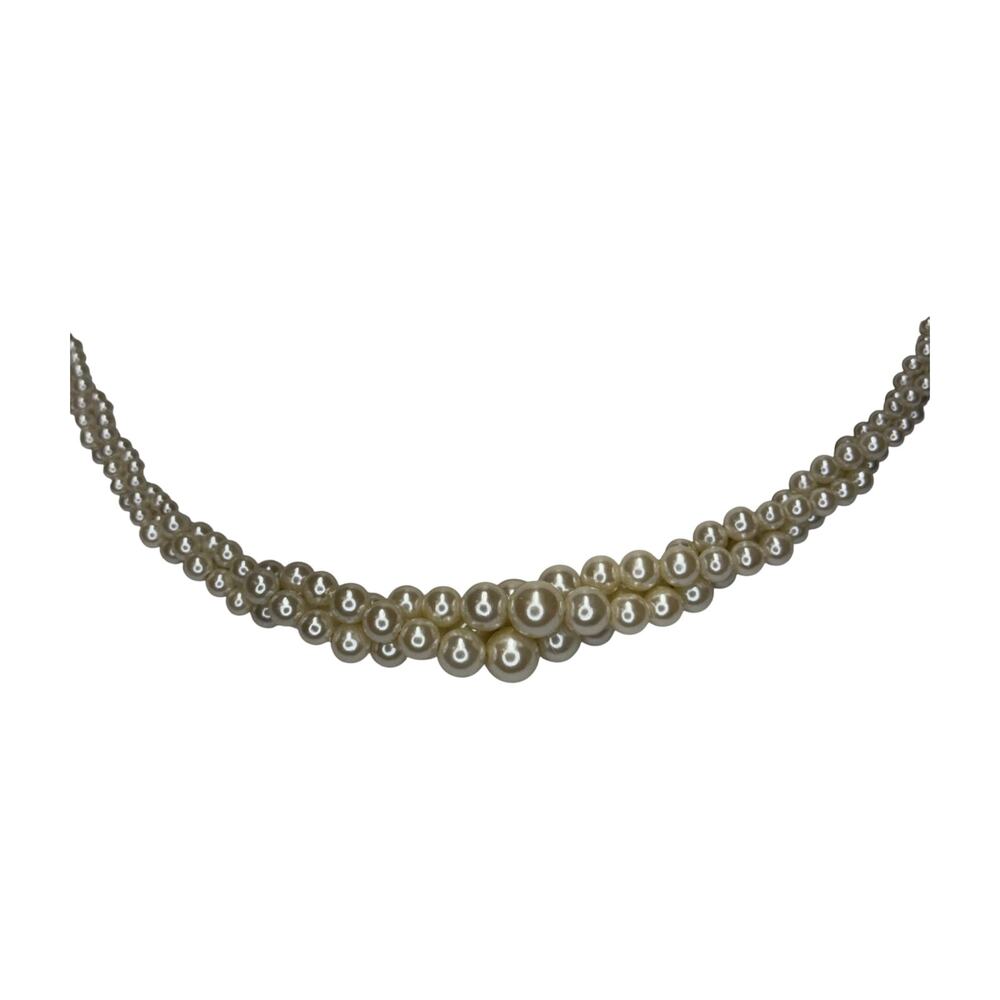 Two Strand Graduated Faux Pearl Necklace Gold Filigree Clasp - Picture 2 of 6